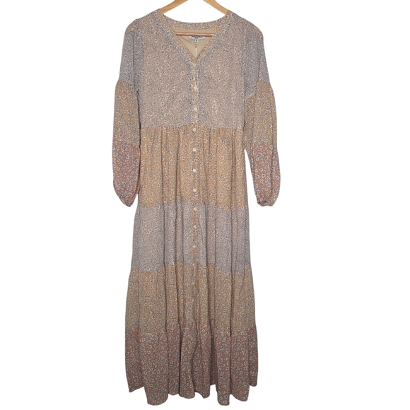 Polagram Dresses & Skirts - Polagram Boho Prairie Multi Floral Print Button Down Tiered Maxi Dress Medium
